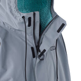 ION Storm Coat unisex 2026, grau mit türkiser Fleece-Fütterung, wasserdichte Jacke mit Kapuze und Kordelzug, Detailansicht