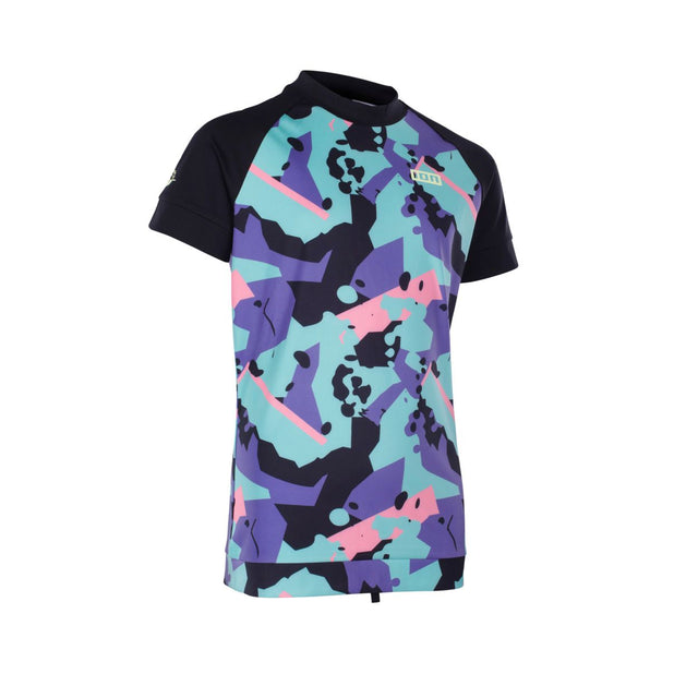ION Rashguard Capture 2026 mit farbenfrohem geometrischem Muster, schwarze Raglan-Ärmel, Frontansicht