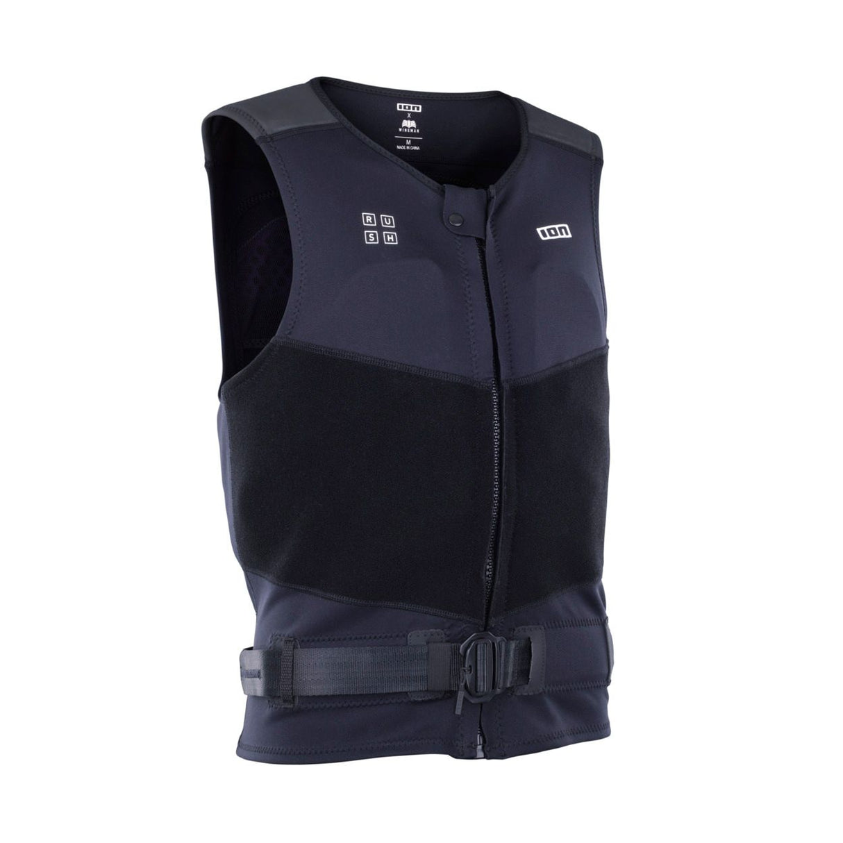 ION Rush Wing Vest 2026 Wakeboard Weste in Schwarz und Grau mit Reißverschluss, Frontansicht