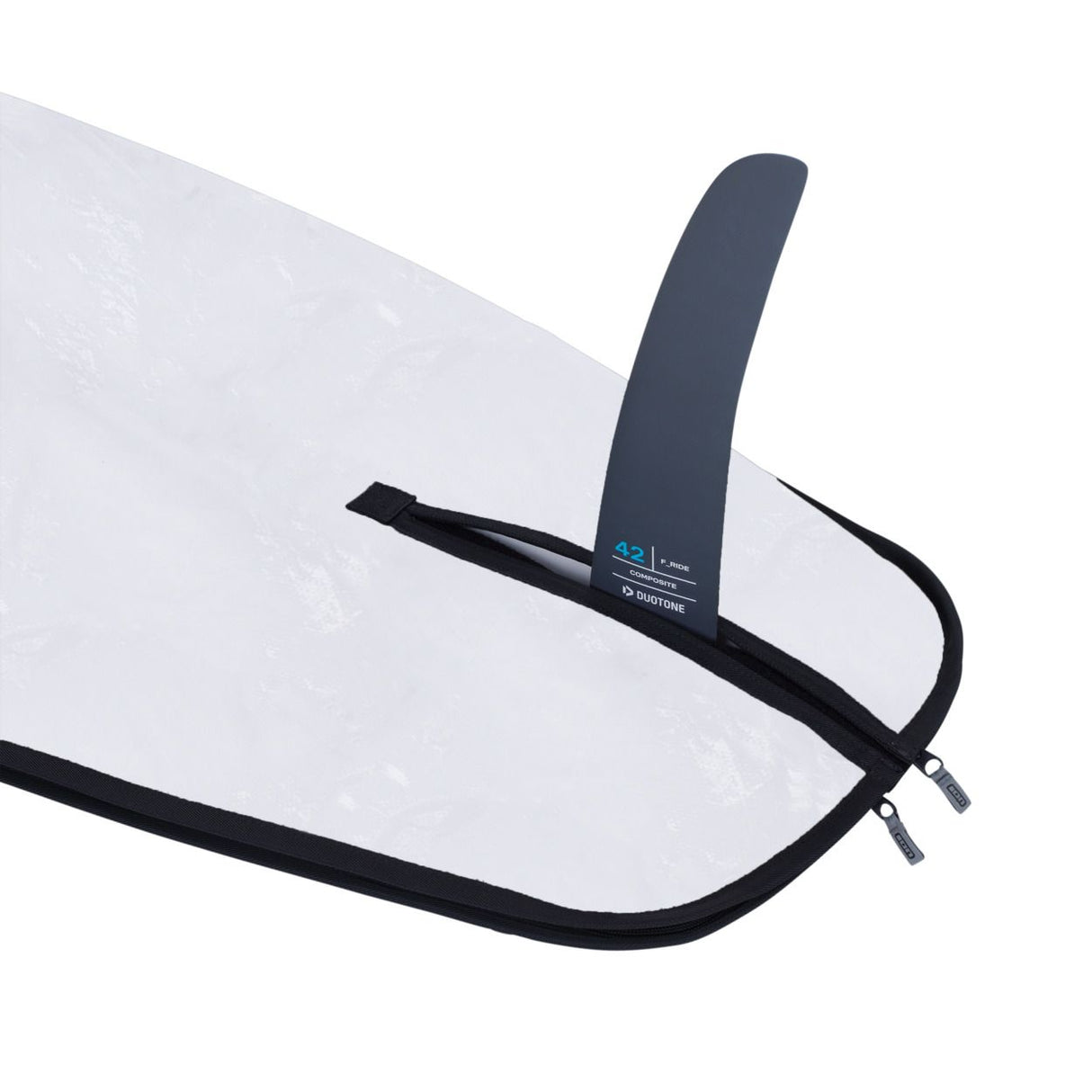 ION Windsurf-Boardbag Core 2024, weiße Schutztasche mit schwarzen Griffen und grauem Tragegriff, Detailansicht