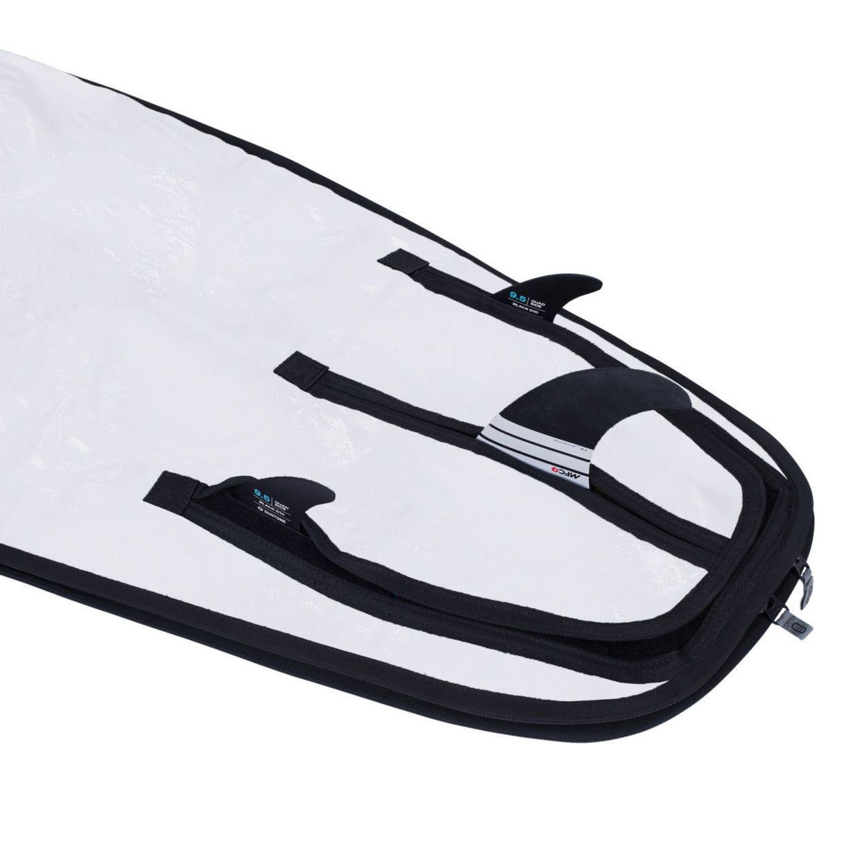 ION Windsurf-Boardbag Core 2024, weiß-schwarz, Transporttasche mit schwarzen Griffen und Reißverschlüssen, Detailansicht