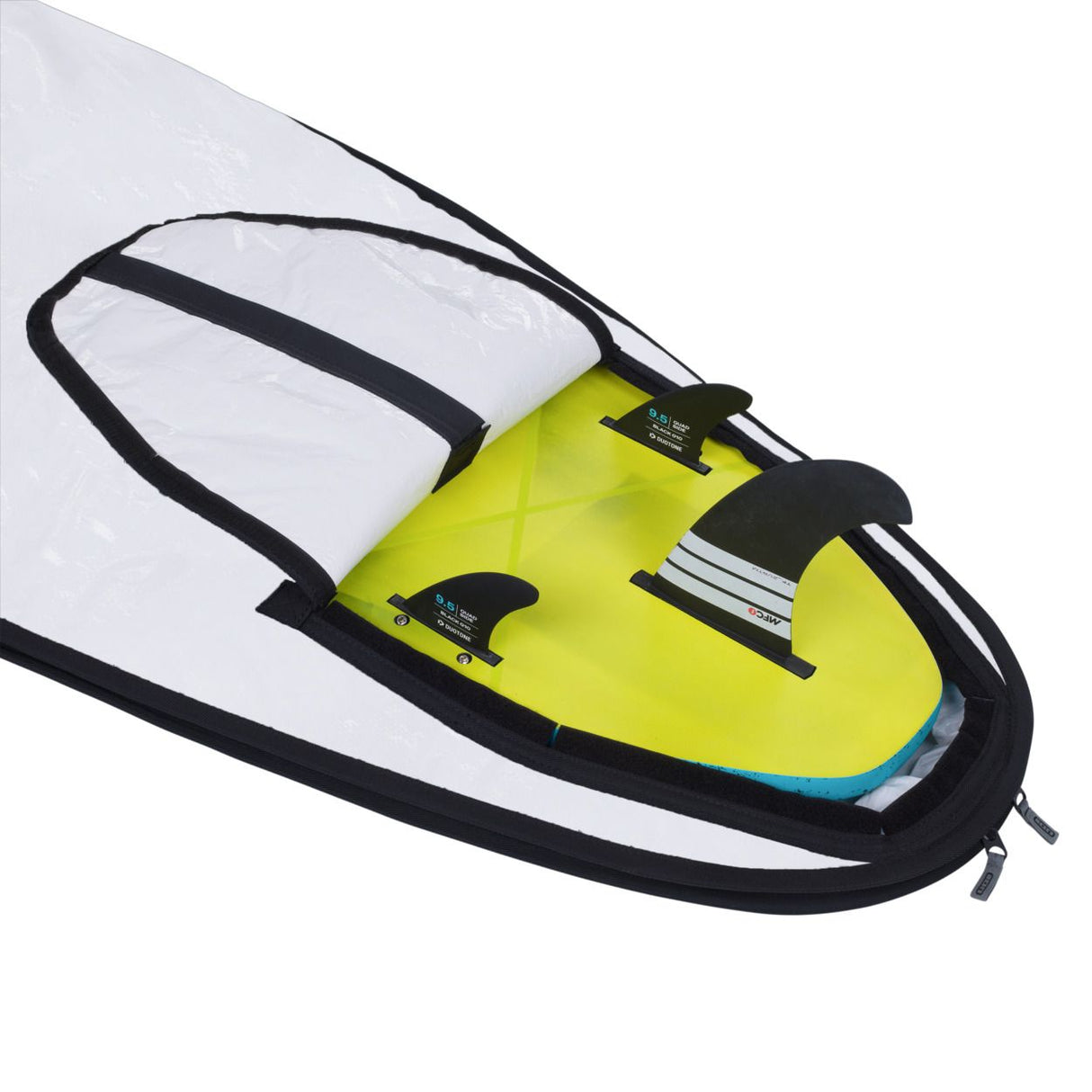 ION Windsurf Boardbag Core 2026 in Neongelb mit schwarzen Griffen und weißem Schutz, Draufsicht