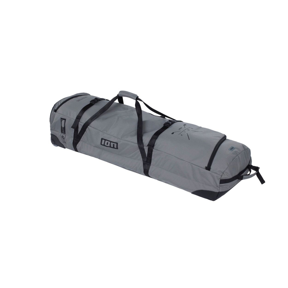 ION Kite Gearbag Core 2024 grau, Transporttasche mit schwarzen Griffen und Verschlussbändern, Seitenprofil