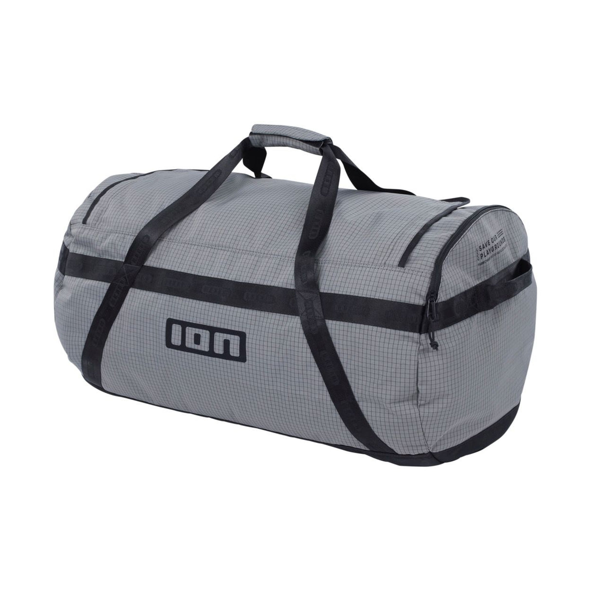 ION Session Duffel Bag 2026, Grau, Sporttasche mit schwarzen Henkeln und Tragegurten, Seitenperspektive