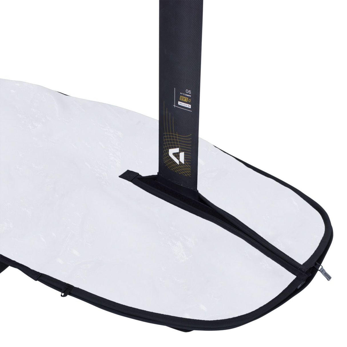ION Wing Boardbag Core 2026, weiß mit schwarzem Rand, Transporttasche für Wingfoils, Detailansicht Mast und Tasche