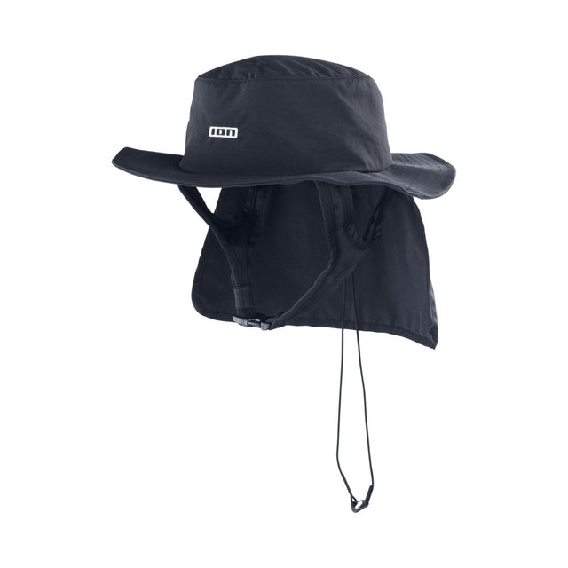 ION Beach Hat 2026 schwarz mit Nackenschutz und Kinnriemen, Frontansicht