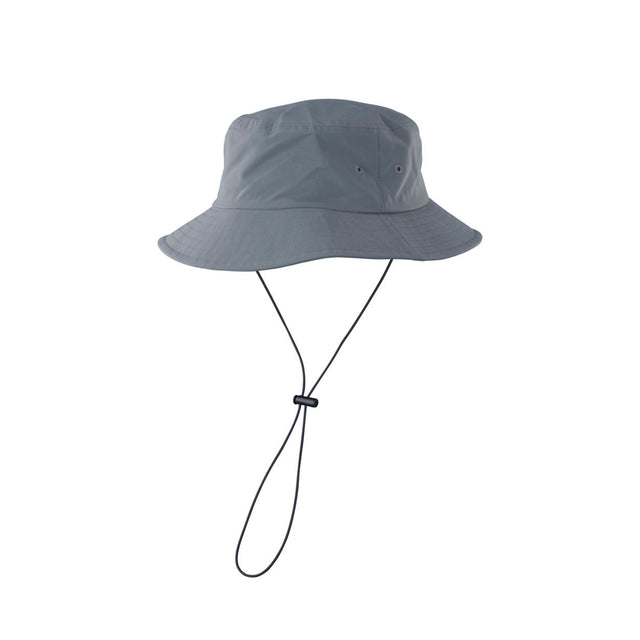 ION Bucket Surf Hat 2024, grauer Nylonstoff, mit Kinnriemen, Frontalansicht