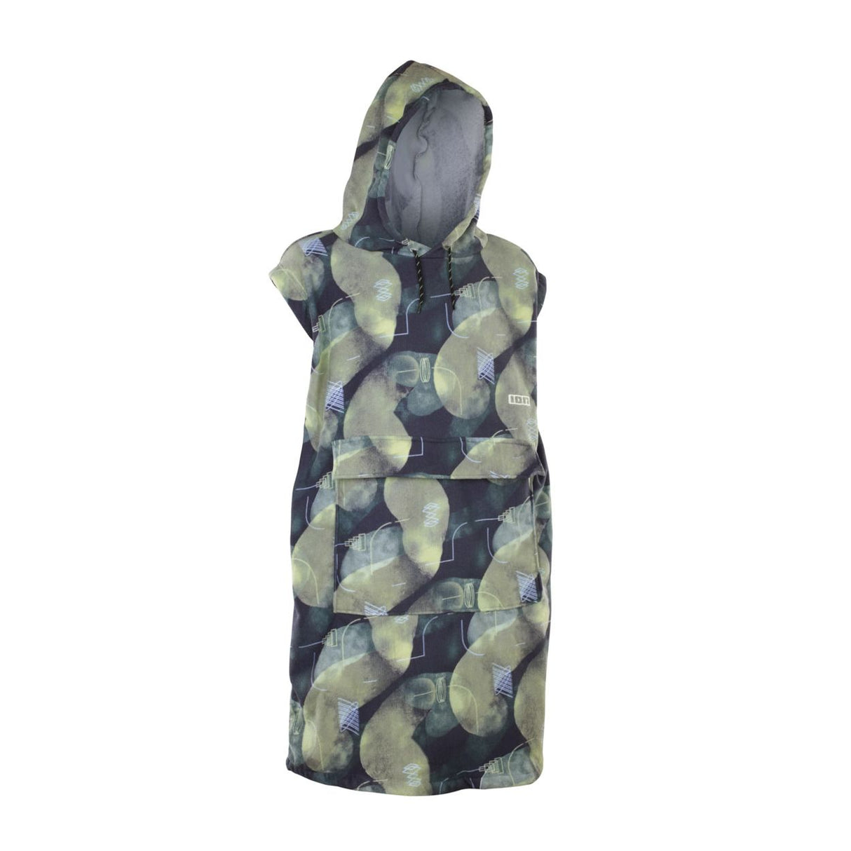 ION Surf Poncho Element 2026 in Grau-Grün mit geometrischem Muster, Kapuze und kurzen Ärmeln, Frontansicht