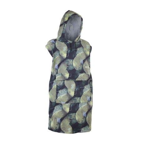 ION Surf Poncho Element 2026 in Grau-Grün mit geometrischem Muster, Kapuze und kurzen Ärmeln, Frontansicht