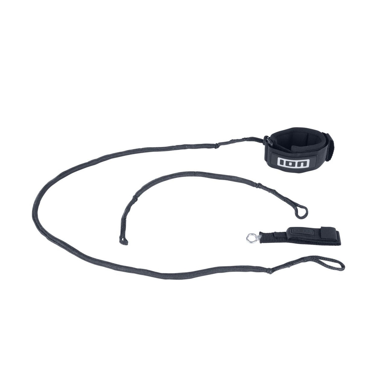 ION Wing Leash Core Extended Wrist 2024, schwarze Neopren-Handgelenkschlaufe mit Verbindungskabel und Befestigungspunkten, Draufsicht