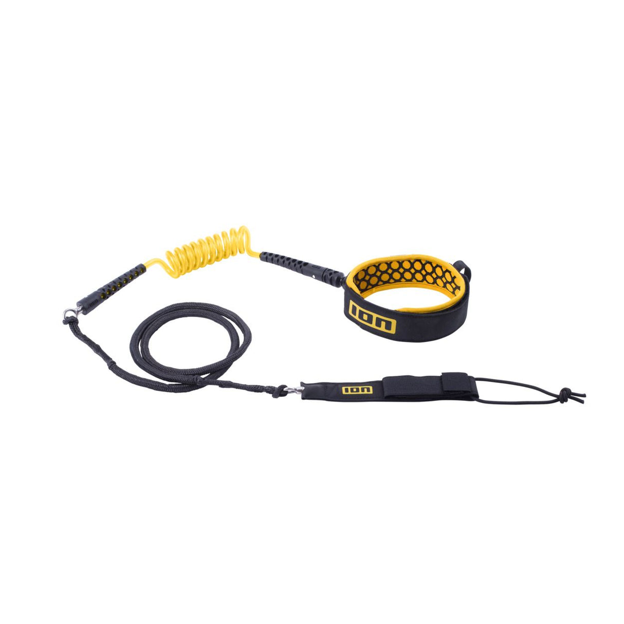 ION Wing Board Leash Core Hybrid Knee 2026, schwarz-gelb, Neoprene und Kunststoff, Knieleine mit Spiralwickel und Befestigungsmanschette
