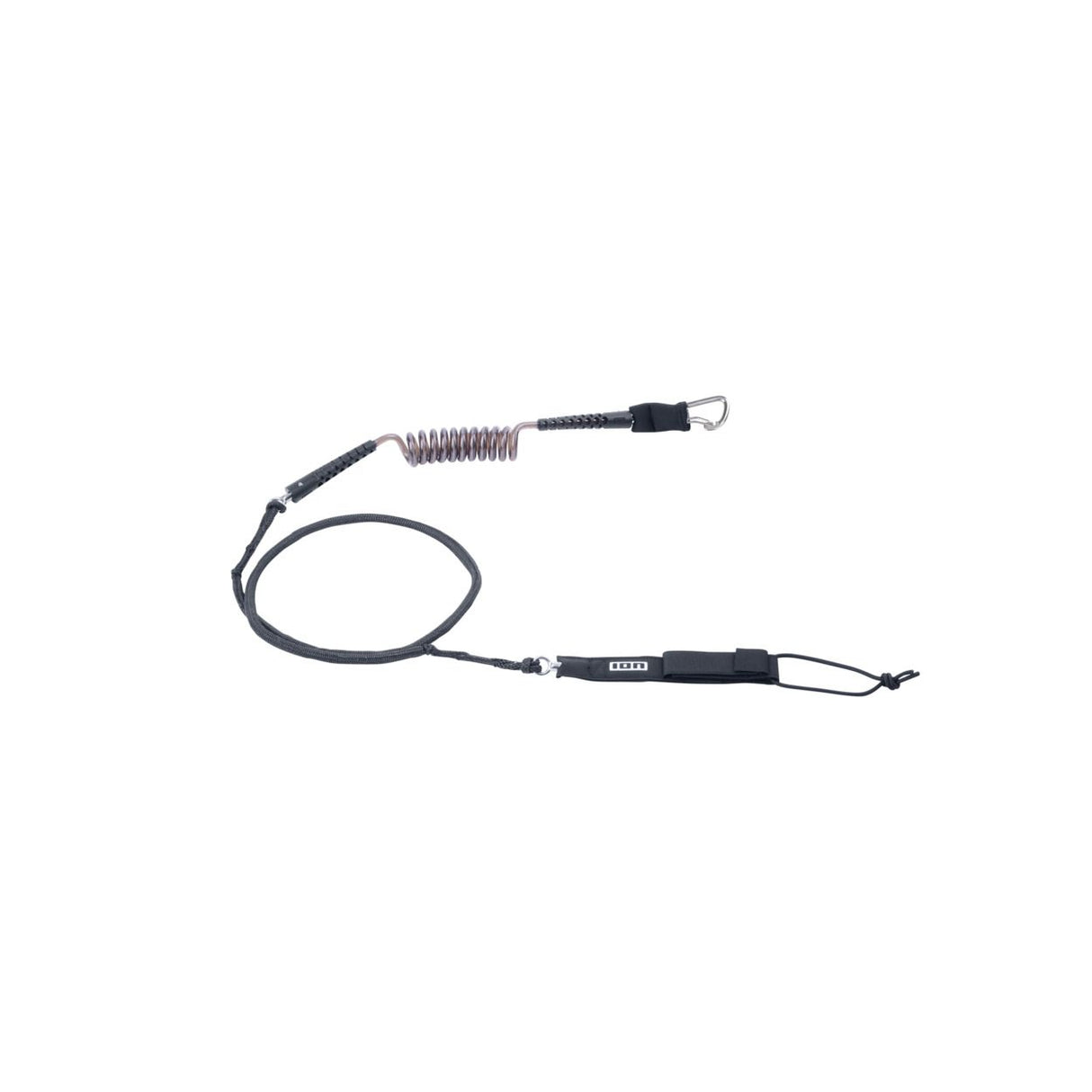ION Wing Board Leash Core Hybrid mit Karabiner, schwarze Neopren-Leine mit Spiralwicklung und Befestigungssystem