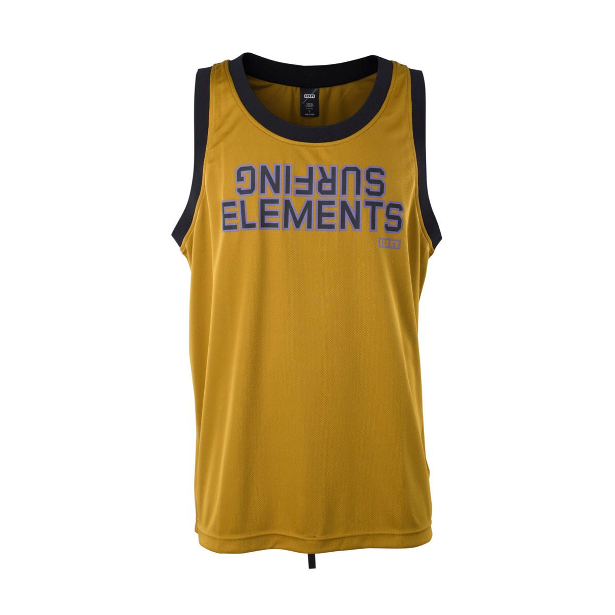 ION Basketball Shirt 2026 gold mit schwarzen Trägern und blauem Text, Vorderansicht