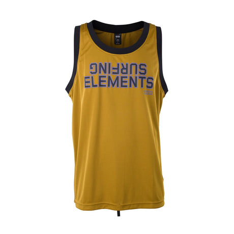 ION Basketball Shirt 2026 gold mit schwarzen Trägern und blauem Text, Vorderansicht