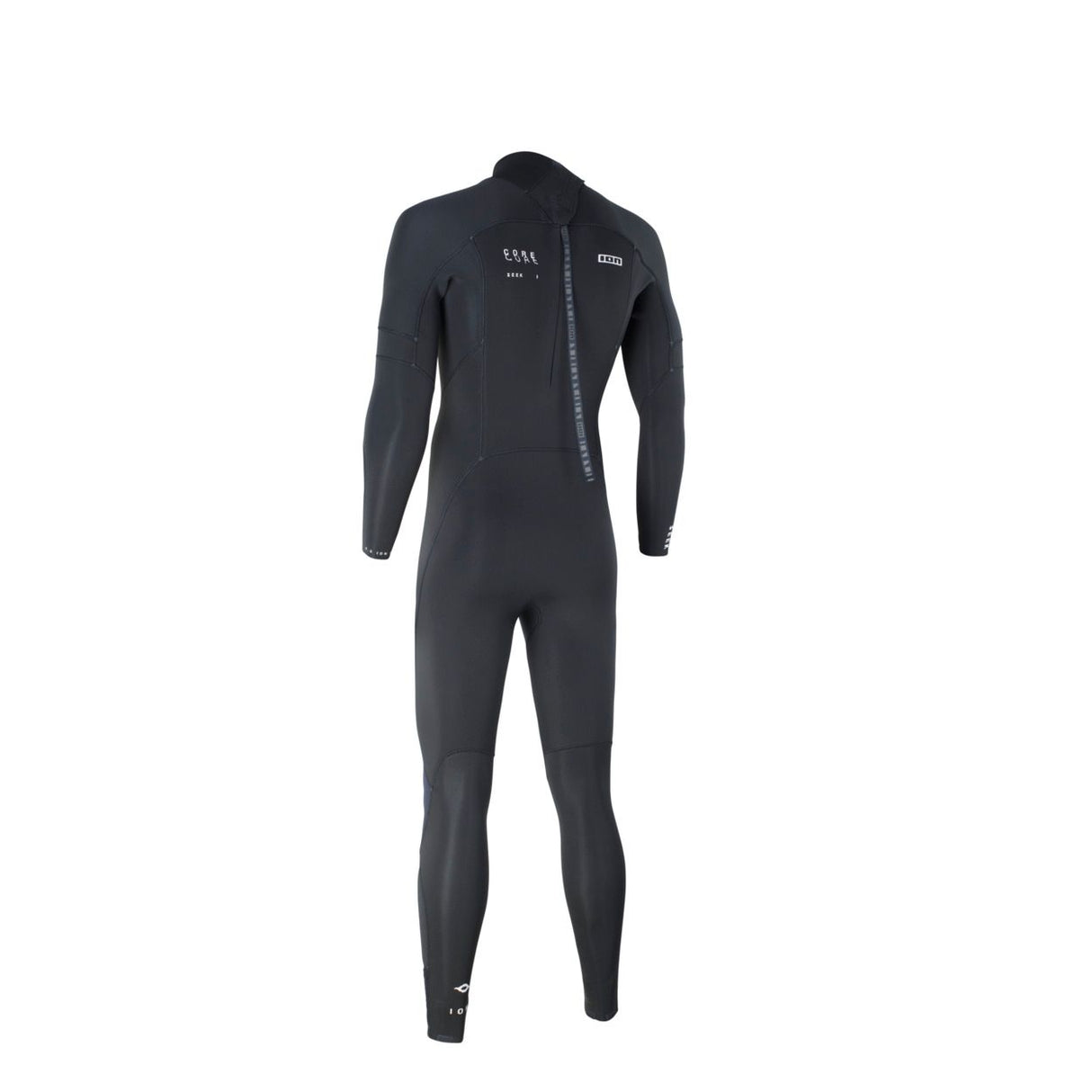 ION Seek Core 4/3 Back Zip Neoprenanzug in Schwarz, Frontalansicht des Ganzkörper-Tauchanzugs mit Rückenreißverschluss