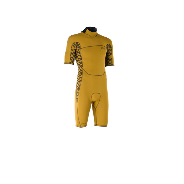 ION Seek Core 2/2 Shorty SS Back Zip Neoprenanzug in Goldgelb mit Musterdetails, Frontalansicht