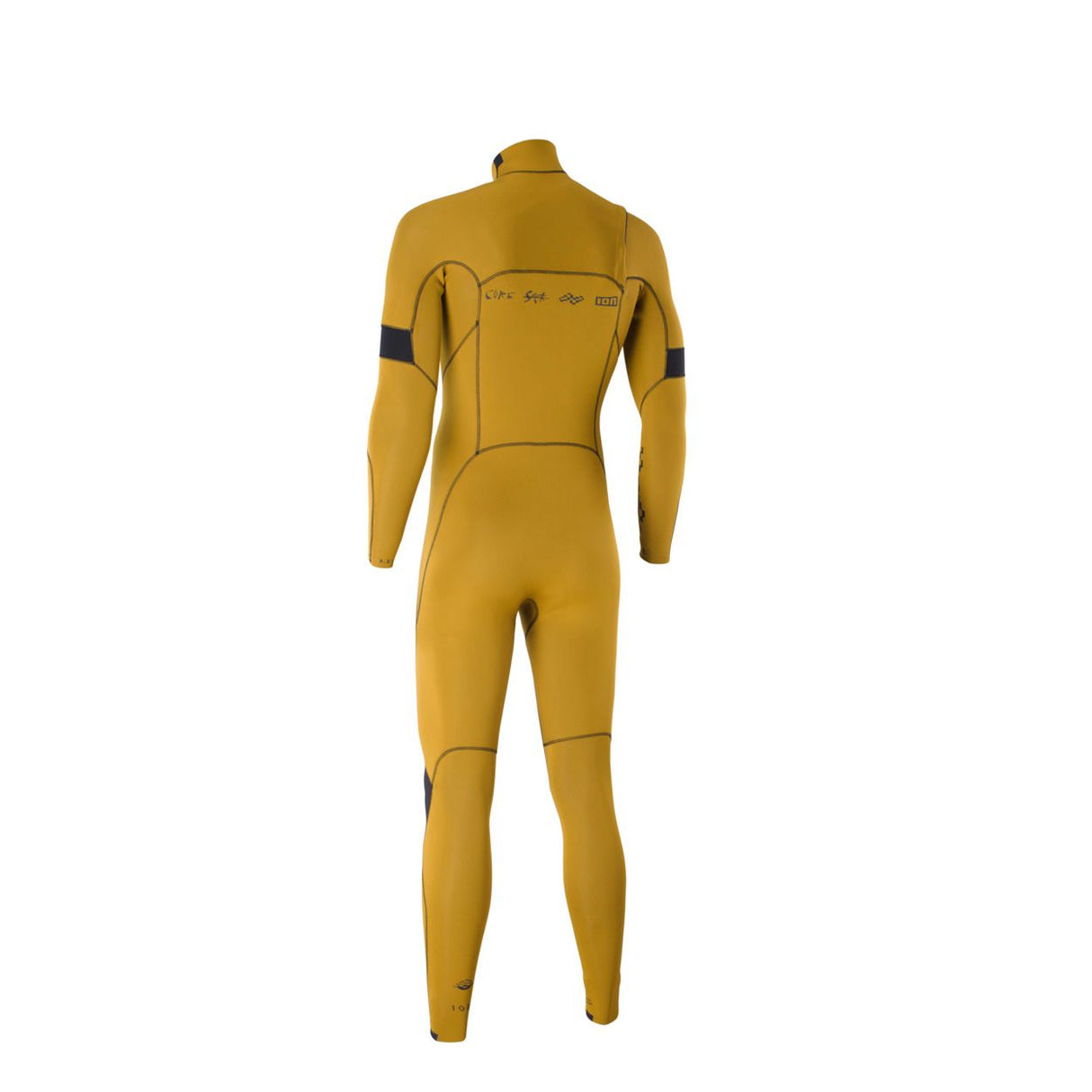 ION Seek Core 3/2 Front Zip Neoprenanzug in Goldgelb, Rückansicht, Ganzkörper-Wetsuit mit Frontreißverschluss