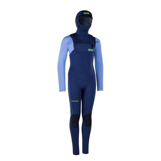 ION Capture 6/5 Hood Front Zip Neoprenanzug Junior in Dunkelblau und Hellblau mit Kapuze, Frontansicht