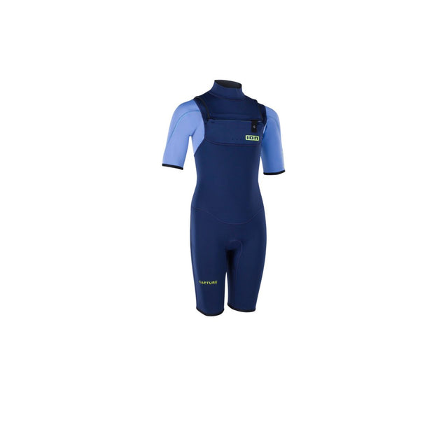 ION Capture 2/2 Shorty SS Front Zip Kinder-Neoprenanzug, marineblau und hellblau, Frontreißverschluss