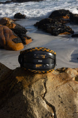 ION Riot Curv 2026 Kite-Waist in Schwarz mit goldenem Rand, am Strand positioniert