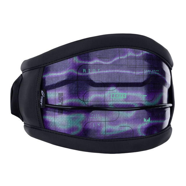 ION Riot Curv 2026 Kitesurfing Trapez, schwarz mit lila-grünem Muster, Seitenansicht