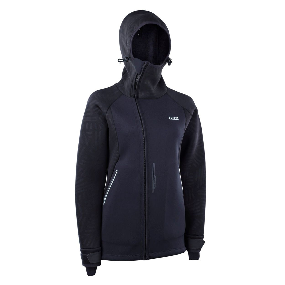 ION Neo Shelter Jacket 2024 schwarze Wassersportjacke mit Kapuze, Frontalansicht