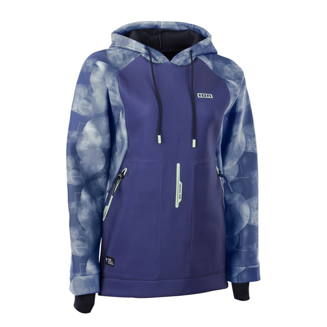 ION Neo Hoody Lite Women 2026, Neopren-Kapuzenjacke in Dunkelblau mit gemustertem Design, Frontansicht