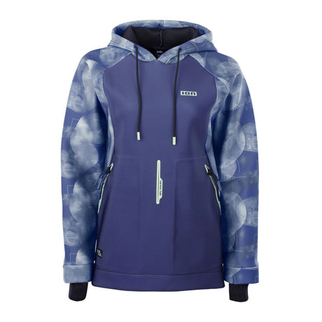 ION Neo Hoody Lite Women 2026 Neopren-Kapuzenjacke in Marineblau mit gemustertem Design, Frontalansicht
