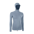 ION Rashguard Sun Pro LS Women, grau-blau mit abnehmbarer Kapuze und Gesichtsmaske, Frontalansicht