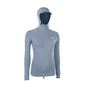 ION Rashguard Sun Pro LS Women, grau-blau mit abnehmbarer Kapuze und Gesichtsmaske, Frontalansicht