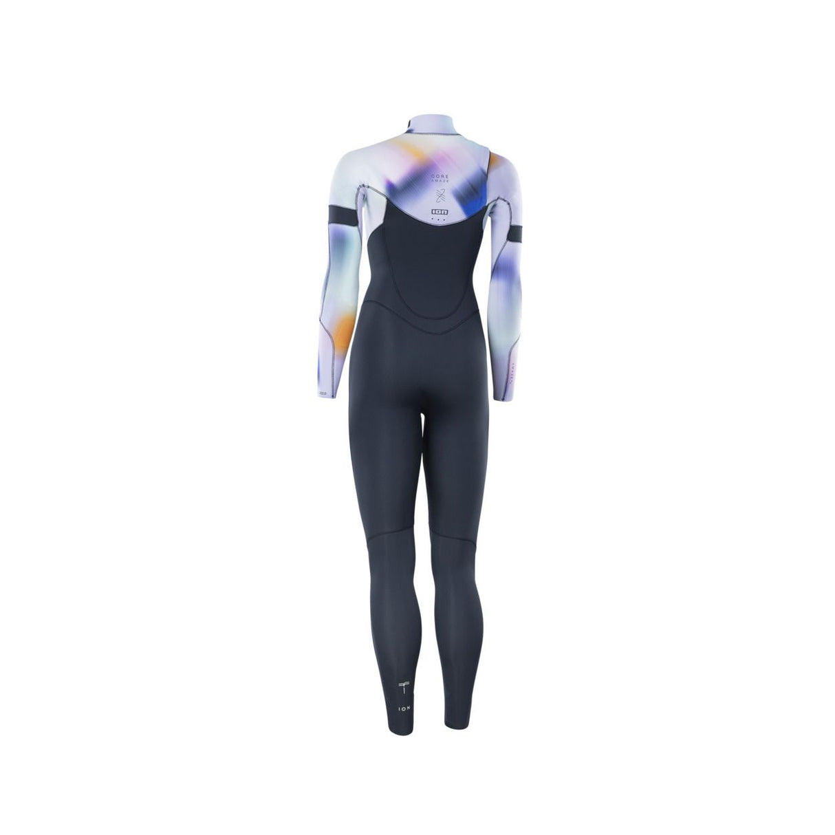 ION Amaze Core 5/4 Front Zip Damen Neoprenanzug, schwarze Beine mit lilafarbenem Oberteil und Ärmeln, Frontansicht