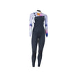 ION Amaze Core 4/3 Damen Neoprenanzug mit Frontreißverschluss, schwarzer Torso, farbige Ärmel in Violett und Orange, Frontalansicht