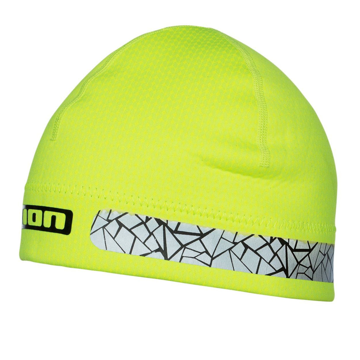 ION Safety Neopren Beanie 2026 in Neongelb mit reflektierendem Muster, Frontansicht