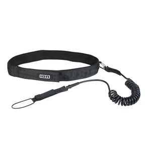 ION Wing SUP Leash Core Coiled Hip 2024, schwarzes Neopren-Hüftgurt-Leash mit spiralförmigem Kabel und Befestigungsschlaufe