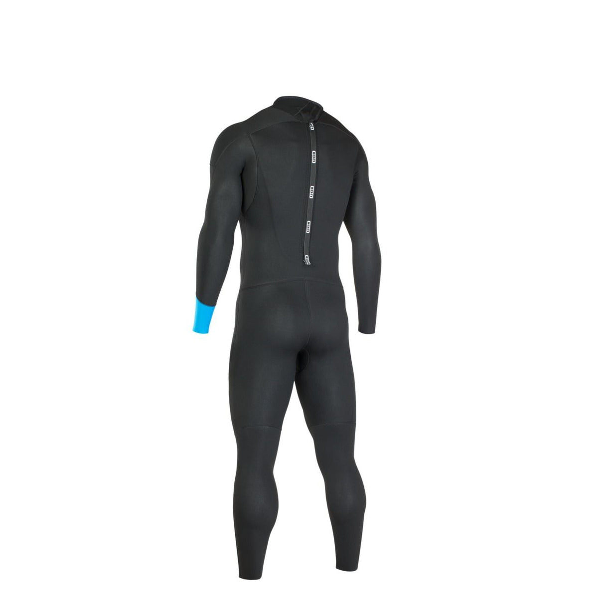 ION Base 5/4 Back Zip Junior Neoprenanzug schwarz mit blauem Ärmelabschluss, Rückenreißverschluss, Ganzkörperansicht