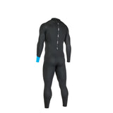 ION Base 3/2 Back Zip Junior Neoprenanzug schwarz mit blauem Ärmelabschluss, Rückenreißverschluss, Ganzkörperansicht