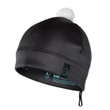 ION Neo Bommel Beanie 2026, schwarze Neopren-Mütze mit weißem Pompon, seitliche Ansicht
