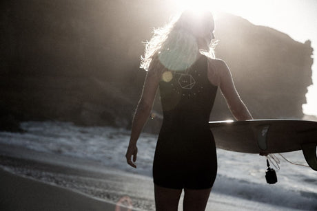 ION Monoshorty 0.5 Damen Neoprenanzug schwarz, Frau mit Surfbrett am Strand