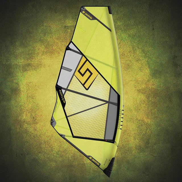 Patrik 4-Wave LTD Kiteboard in Neongelb mit schwarzen Kanten, Draufsicht, Kunststoff-Konstruktion mit geometrischem Design