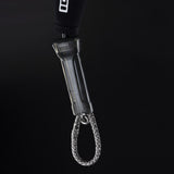 ION Leash Short 2026 schwarze Trapezleine mit grauem Rohr und gewebter Schlaufe, Detailansicht