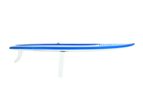 GA Start HD School Board 2026, blaues Surfboard mit weißen Finnen, Seitenansicht