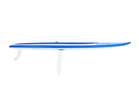 GA Start HD School Board 2026, blaues Surfboard mit weißen Finnen, Seitenansicht