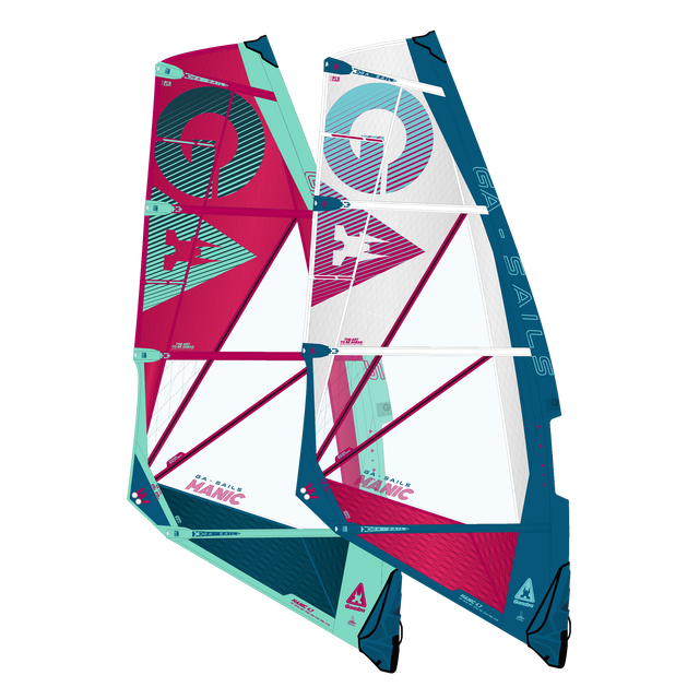 GA-Sails 2026 Manic Windsegel in Pink, Weiß und Petrol mit geometrischem Design, Frontalansicht
