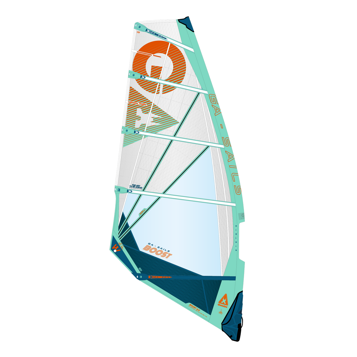 GA-Sails 2026 BOOST Windsegel in Weiß, Türkis und Orange mit orangem Logo, Frontansicht auf weißem Hintergrund