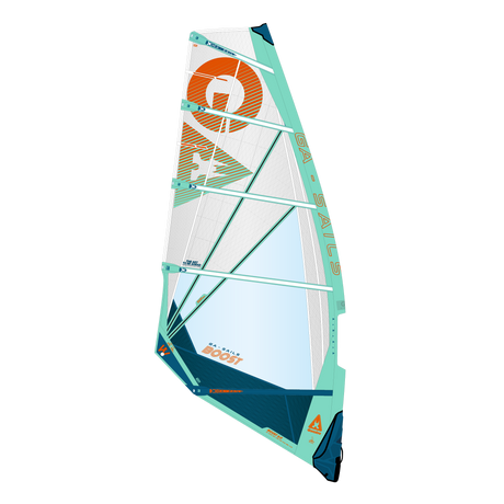 GA-Sails 2026 BOOST Windsegel in Weiß, Türkis und Orange mit orangem Logo, Frontansicht auf weißem Hintergrund