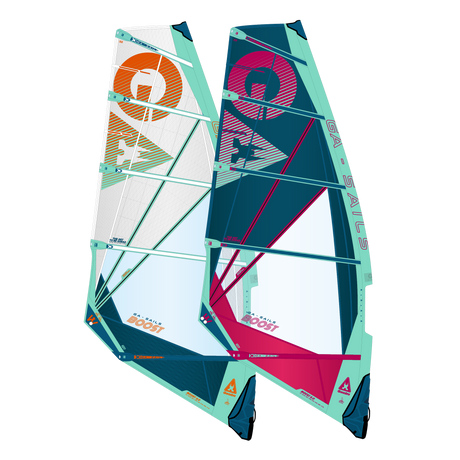 GA-Sails 2026 BOOST Windsurfegel Set, orange und pink mit Teal, Frontansicht zwei Segel nebeneinander
