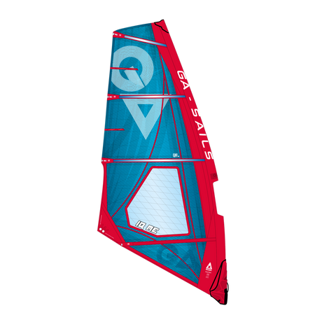 GA-Sails IQ-ME 2026 Windsegel in Blau und Rot, Frontalansicht mit Fensterdetails und Verstärkungen