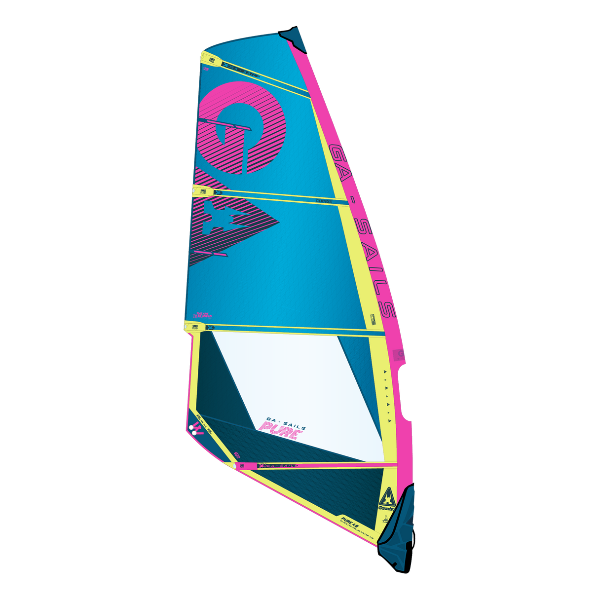 GA-Sails Pure 2026 Windsegel in Blau, Magenta und Gelb mit farbigen Paneelen, Frontansicht