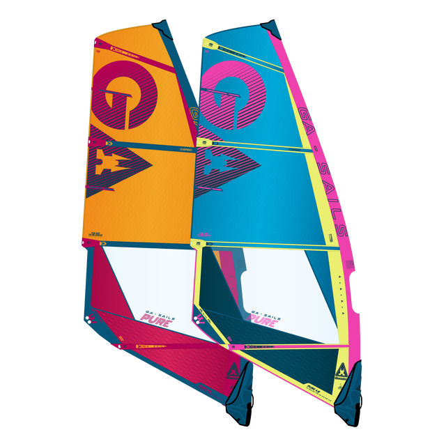 GA-Sails Pure 2026 Windsurfegel Set, Orange und Blau mit Magenta Akzenten, Frontansicht zwei Segel nebeneinander