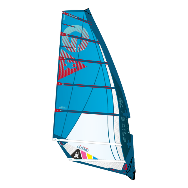 GA-Sails Cosmic 2026 Windsegel in Blau und Weiß mit roten Designelementen, Frontansicht